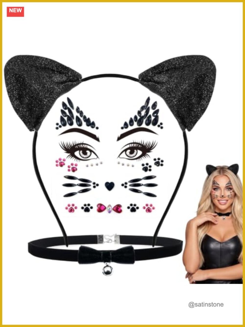 Cat Ears Headband Bell Choker Face Jewels Costume Set Cosplay Halloween